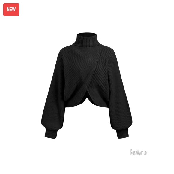 Sweaters - Cropped Turtleneck Sweater Long Sleeve Ribbed Knit Lantern Sleeve Pullover